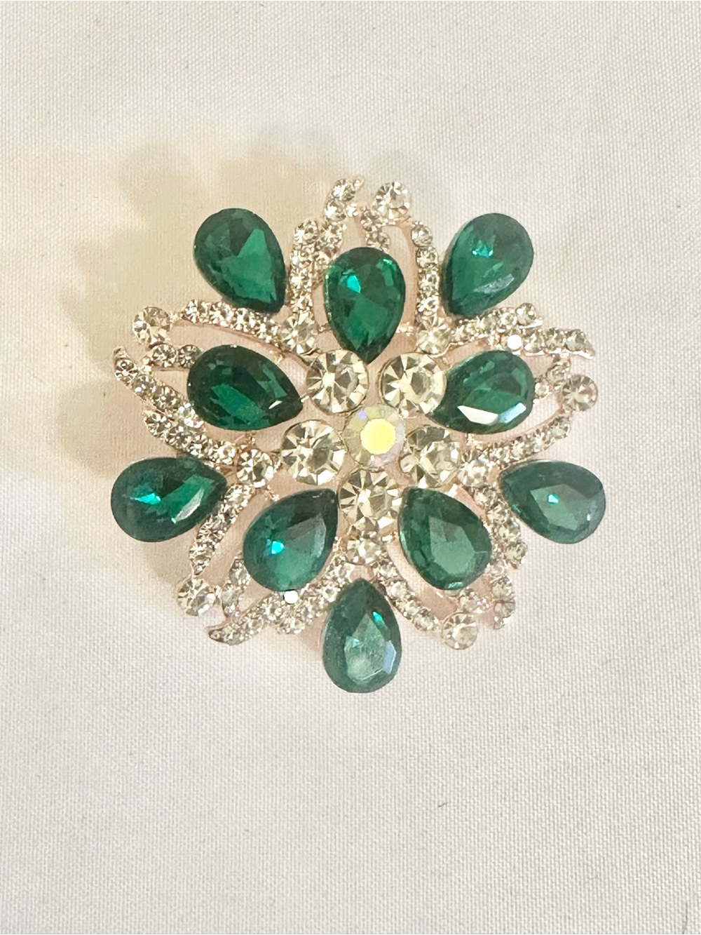 Emerald Green Teardrop Crystal Floral Brooch